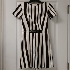 Topshop Dress Faux Leather Detail Split Short Sleeve Black White Stripe sz Small